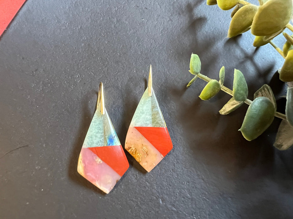 Pink opal , amazonite, labradorite ,red jasper earrings, intarsia earrings, statement earrings , multi stone earrings