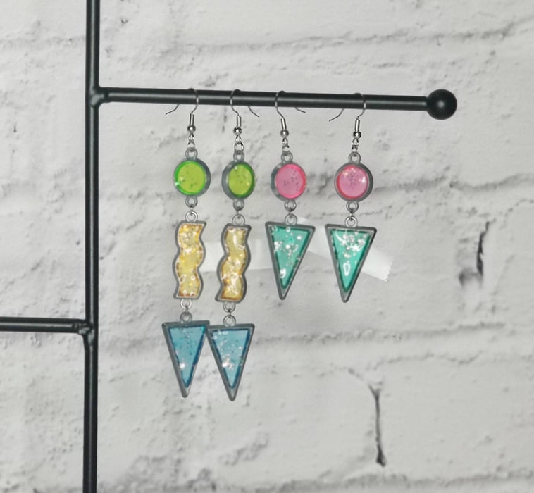 80s & 90s RETRO Throwback Earrings, Unique Gift Idea, Bright Colorful Statement Earrings, Circle, Squiggle, Triangle Shapes, Glitter Accents