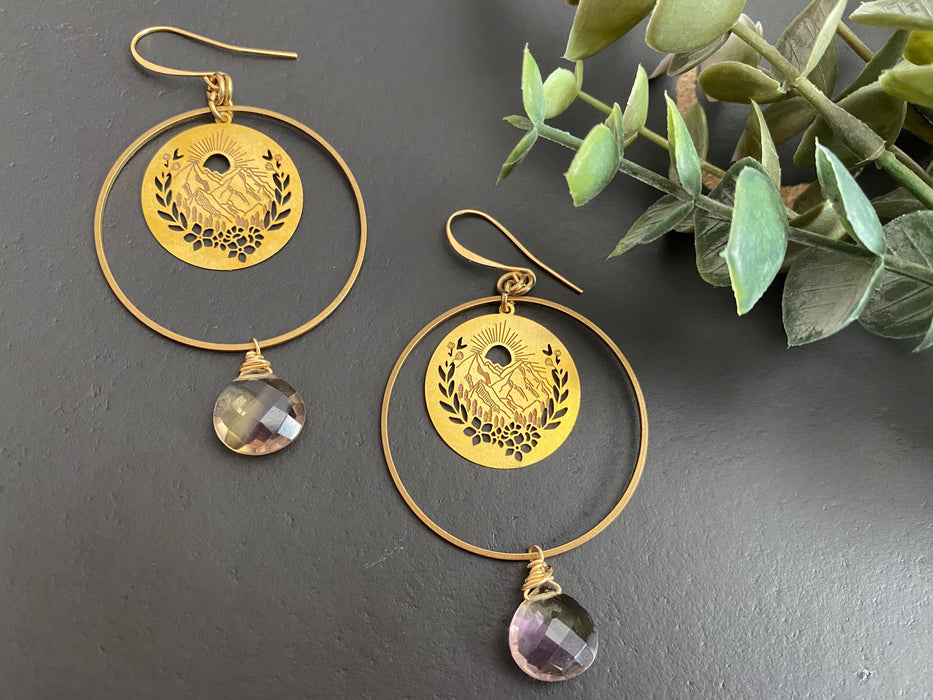 Statement earrings, Modern brass earrings, Ametrine earrings, landscape earrings