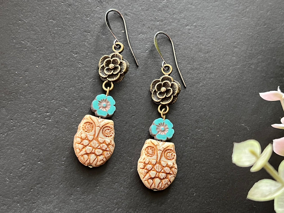 Boho earrings / owl earrings /Rectangular earrings / Aloha earrings /czech glass earrings /gifts for her