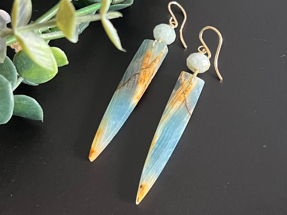 Blue calcite earrings, natural stone jewelry, gifts for women ,dagger earrings, aquamarine earrings,14k gold filled ear hooks