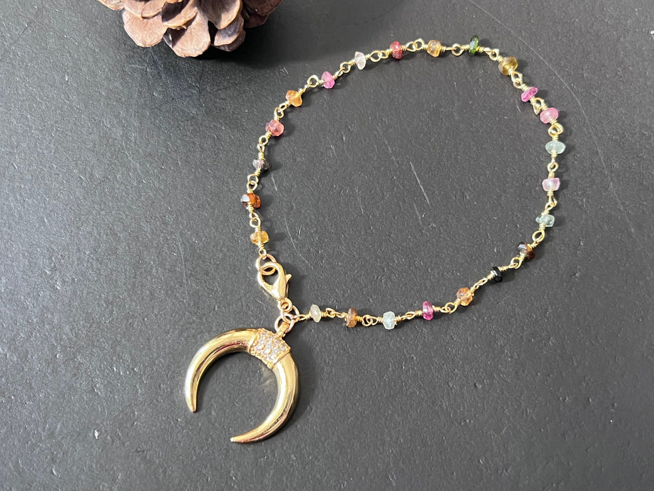 Beaded wrap bracelet / tourmaline bracelet/ gold plated moon charm/ minimalist bracelet