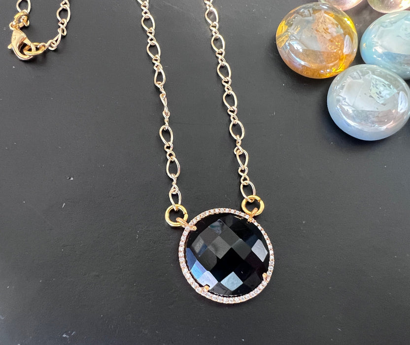 Onyx pendant , CZ detailed,gifts for her, oval pendant , 18k gold chain