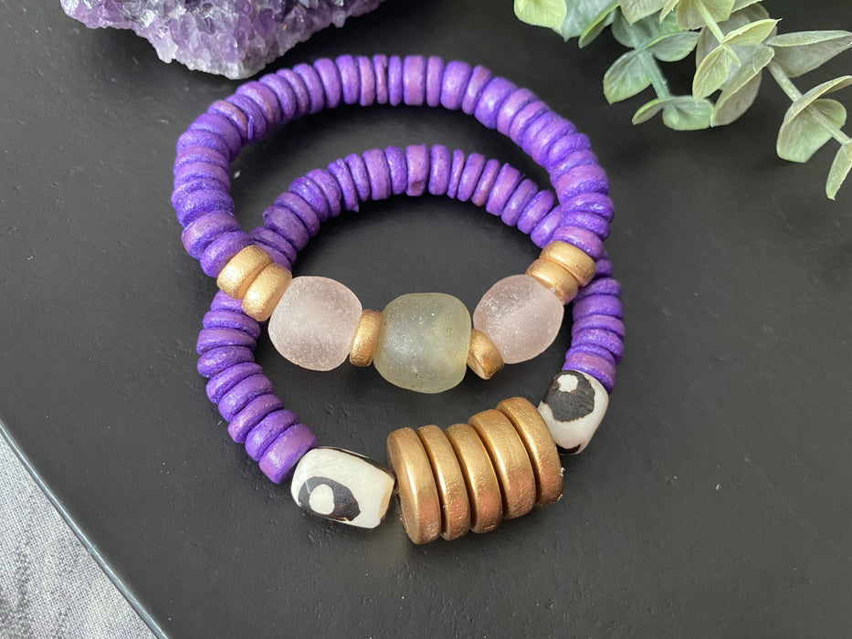 Wood bead bracelet, statement bracelet, stack, set of 2, size 7 inch