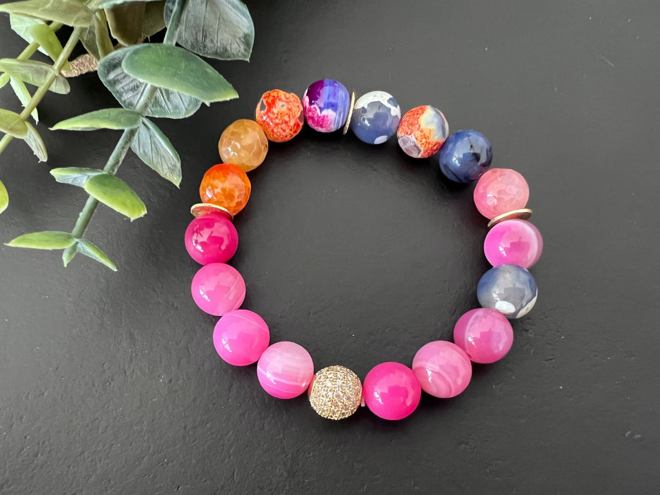 Statement bracelet, boho bracelet, beaded bracelet, pink color, agate bracelet, CZ focal