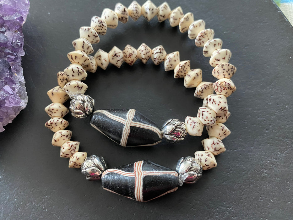 Statement bracelet, boho bracelet, beaded bracelet, African glass beads bracelet, salwag nut beads