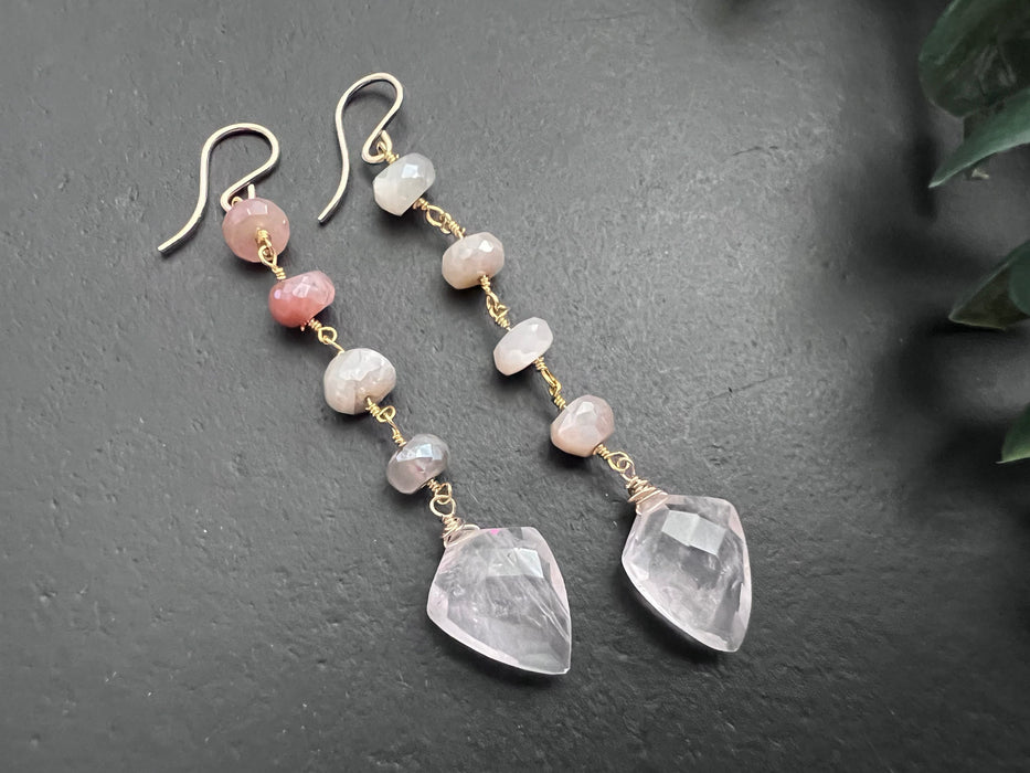 Rose quartz earrings, 14k gold wrapped, Minimalist dangles, peach moonstone dangles