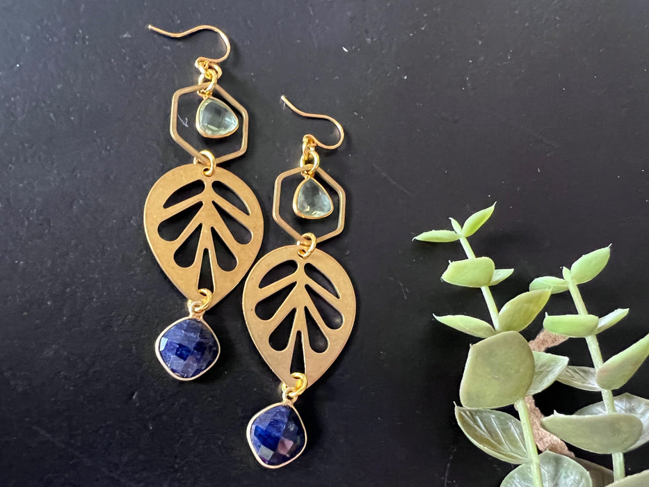 Statement earrings, Lapis lazuli earrings, brass geometric hoops , Modern brass earrings, green amethyst earrings