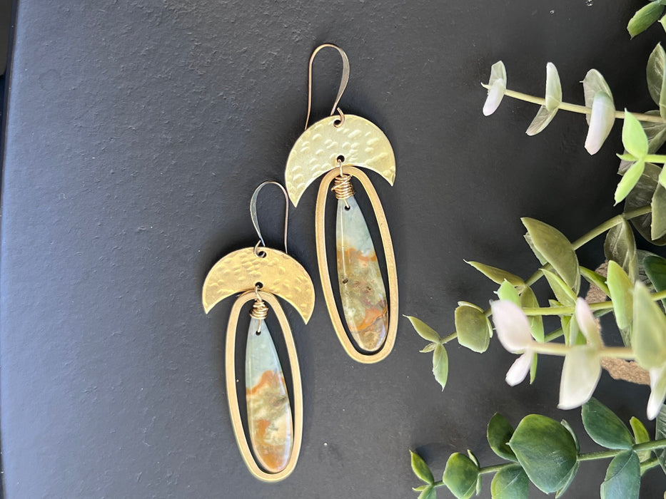 Owyhee jasper earrings, brass earrings, gold dangles, natural stone earrings