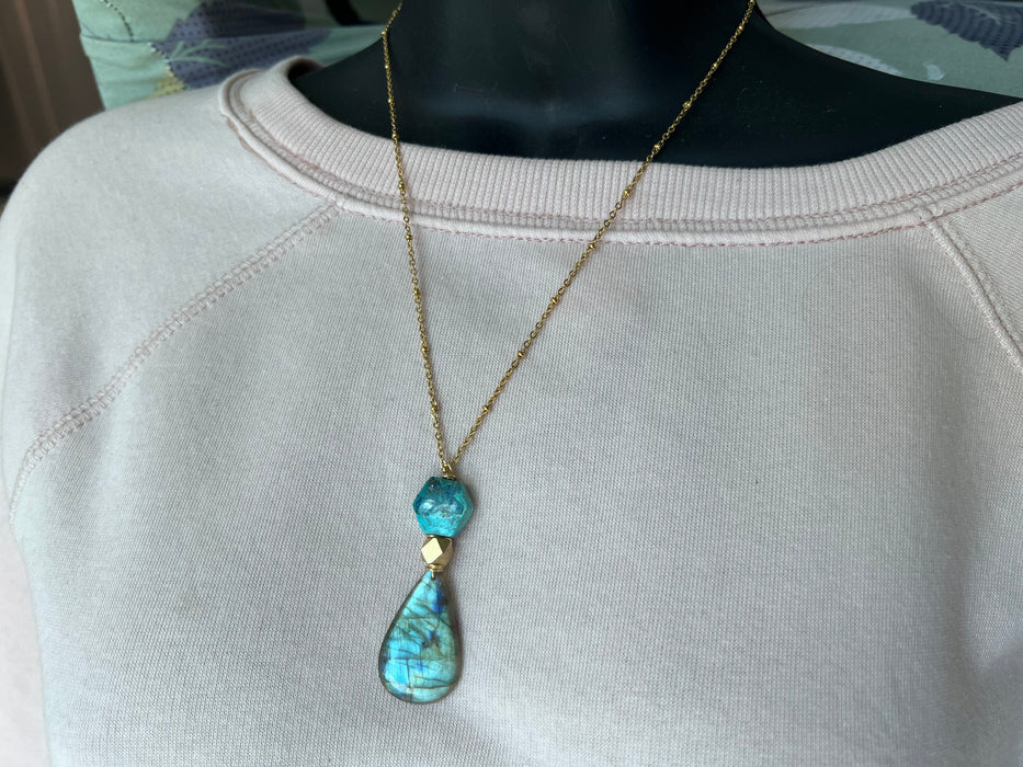 Labradorite pendant, Chrysocolla necklace, labradorite pendant, long necklace , length 18 inch