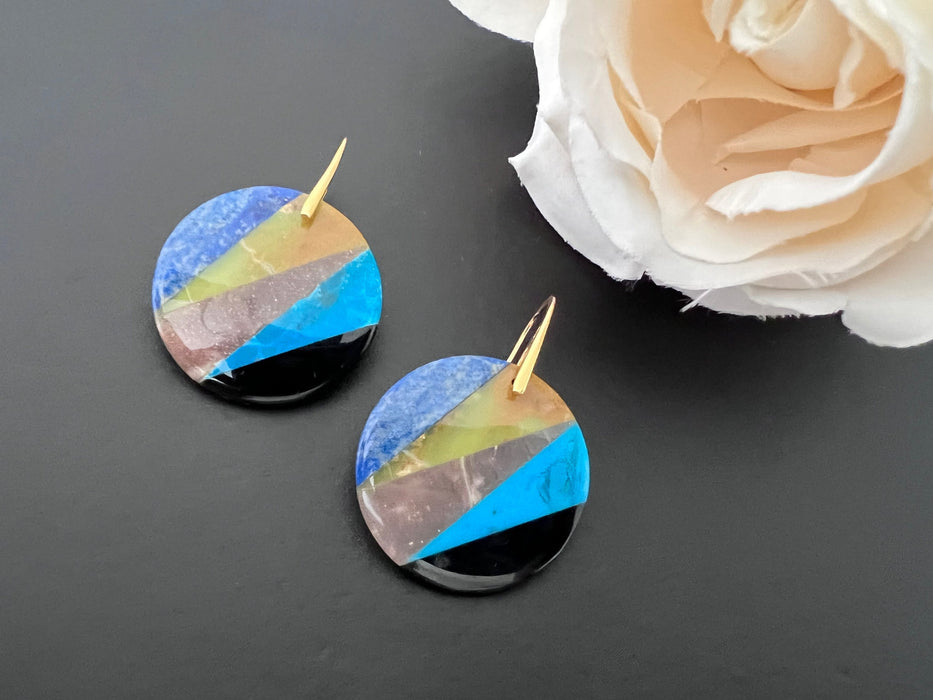 Yellow opal , obsidian, Lapis lazuli earrings, sunstone , intarsia earrings, statement earrings , apatite earrings , natural stone earrings