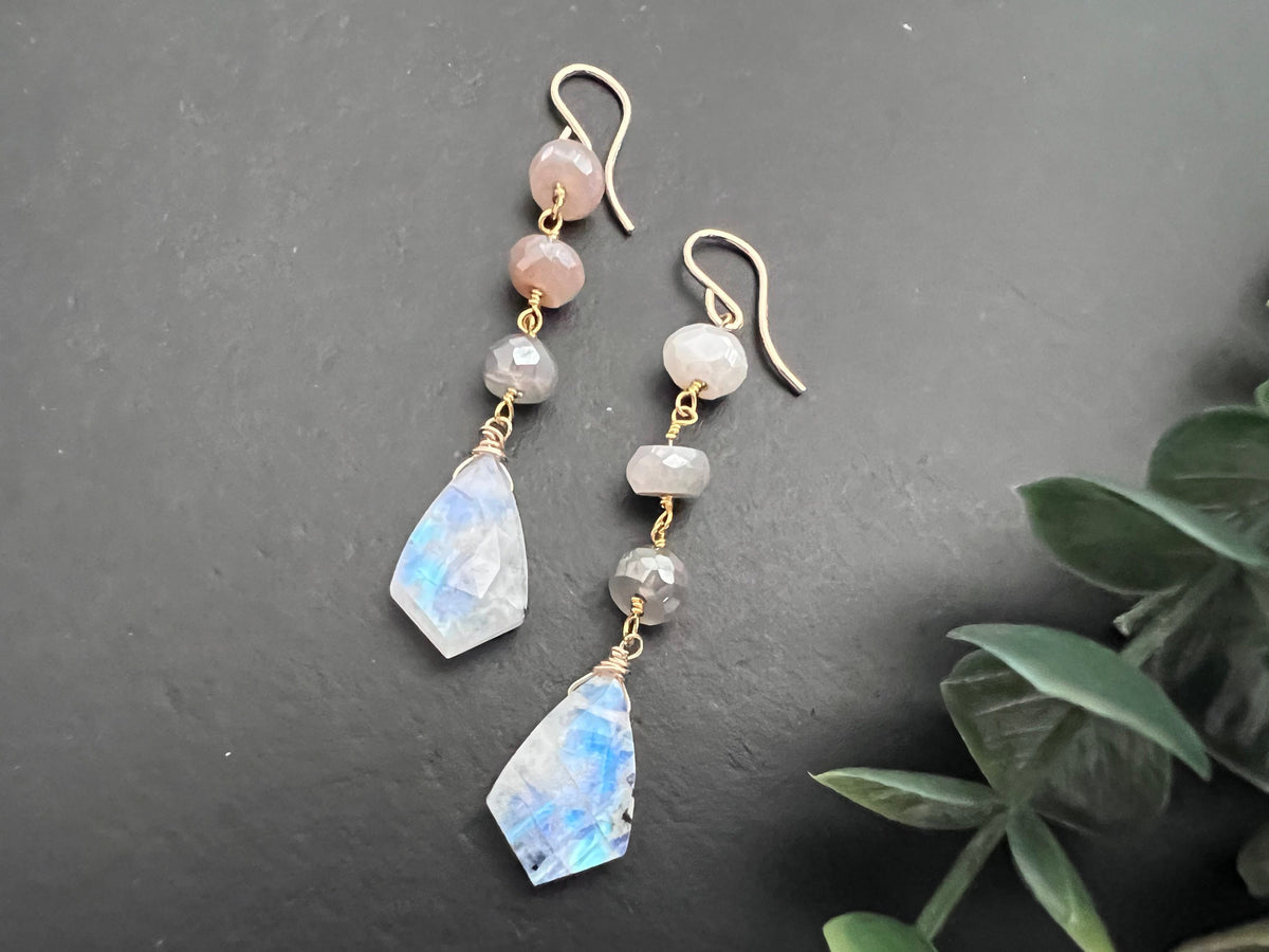 Rainbow Moonstone Earrings Rose Gold Jewelry Sterling - Etsy