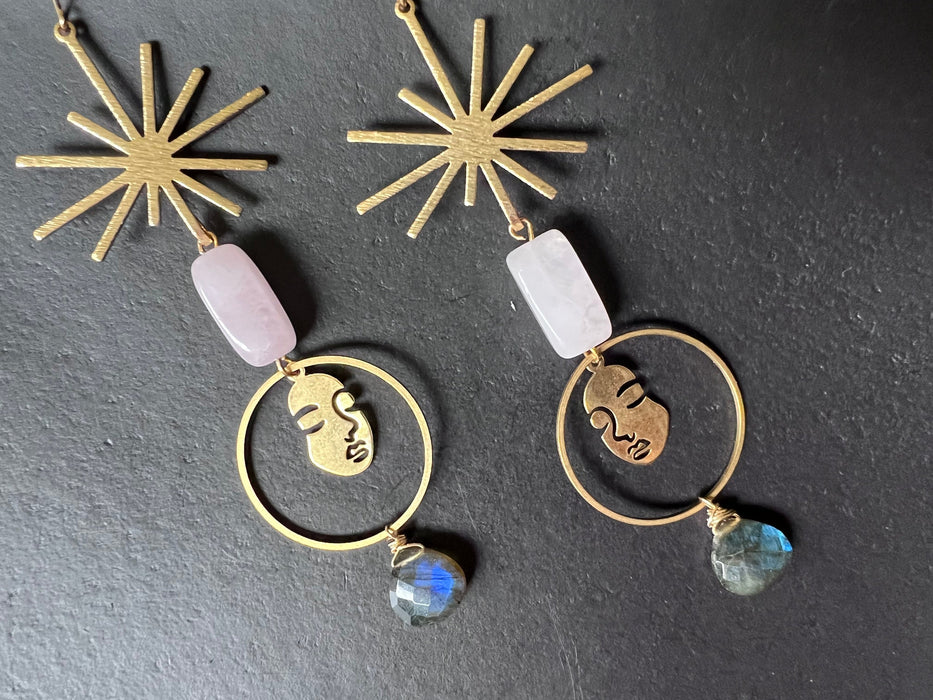Rose Quartz earrings - labradorite drop - brass geometric earrings - Modern brass earrings - Extra long earrings - gemstone dangles