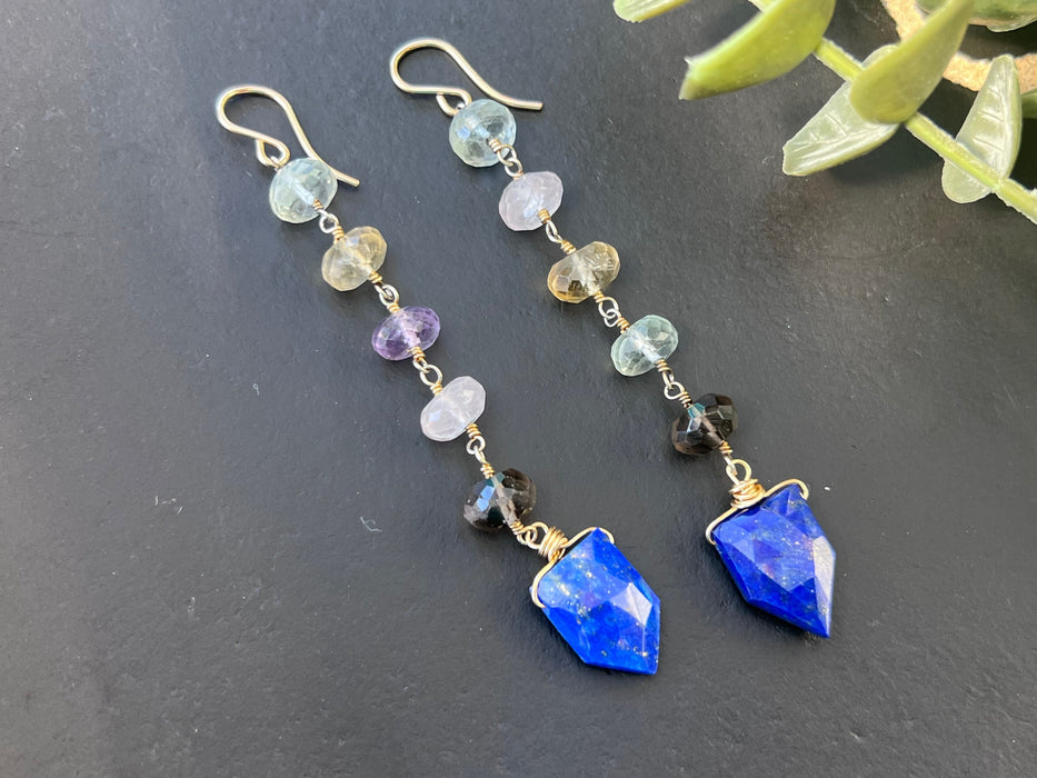 Statement earrings,Lapiz lazuli earrings, 14k gold ear wires, quartz beads wrapped,Minimalist dangles, long dangles