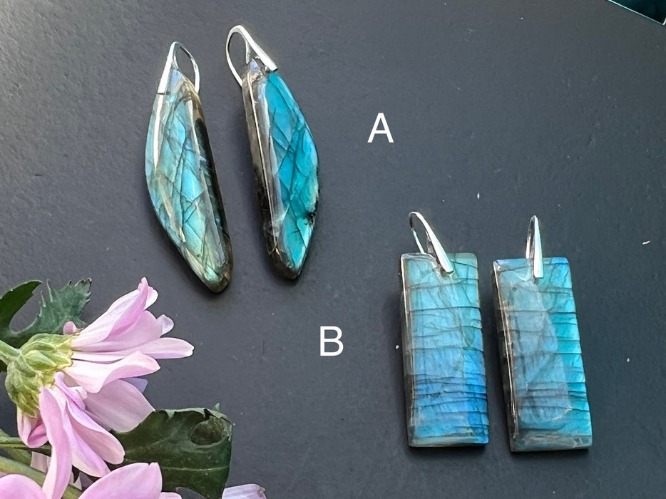 Statement earrings, Labradorite earrings, natural stone earrings, 925  sterling silver ear hooks, intense flash, faceted rose cut