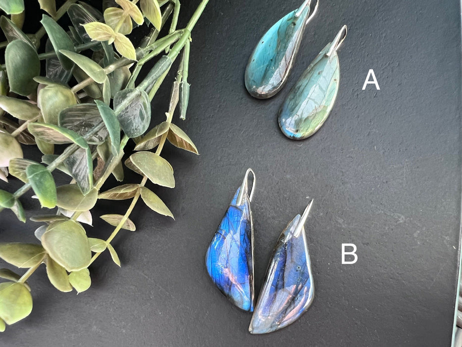 Statement earrings, Labradorite earrings, natural stone earrings, 925  sterling silver ear hooks, intense flash, faceted rose cut