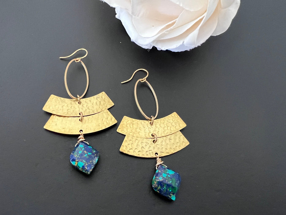 Statement earrings, Azurite Malachite earrings, brass geometric hoops , Modern brass earrings