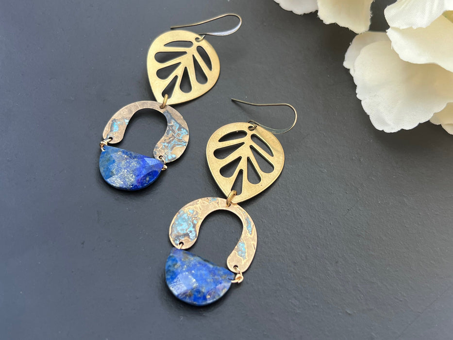 Boho earrings , patina earrings, hand patina earrings, brass earrings, Lapis lazuli earrings