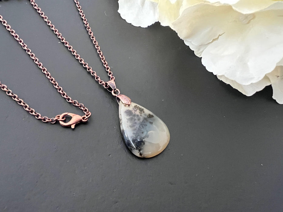 Dendritic opal pendant, Healing stone necklace , long copper chain, length 28inch