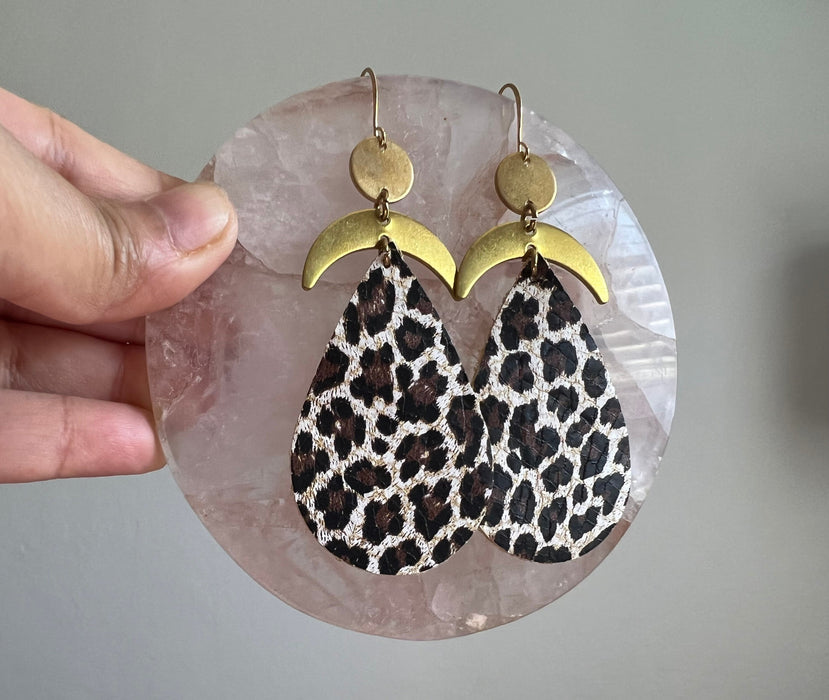 Statement earrings/ Boho earrings / brass earrings /Flower print Leather earrings / leather earrings