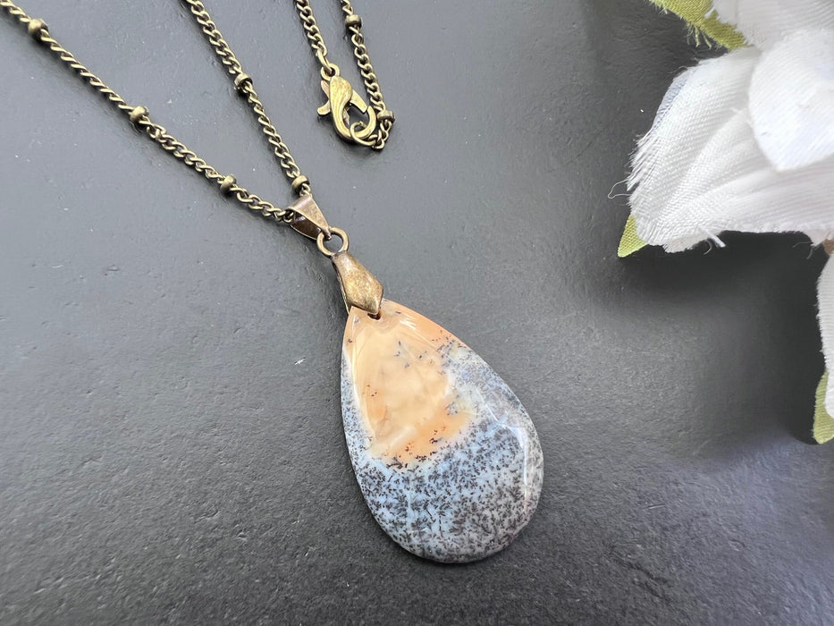 Dendritic opal pendant, Healing stone necklace , antique bronze chain, length 18 inch, natural stone pendant
