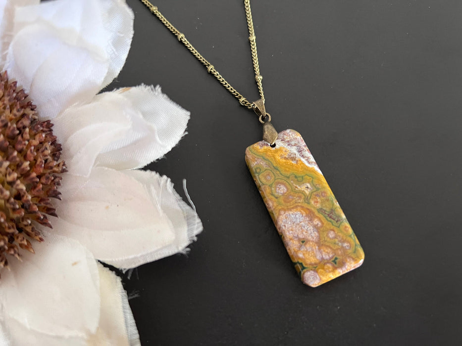 Ocean Jasper pendant gifts for her, layering necklace, antique bronze chain, natural stone pendant