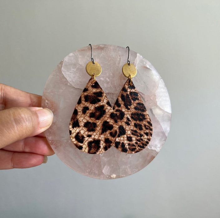 Statement earrings/ Boho earrings / brass earrings /Cheetah print Leather earrings / leather earrings