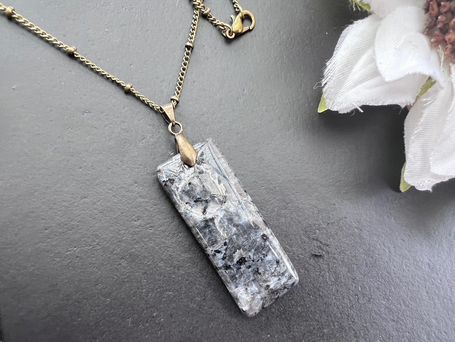 Larvikite pendant, Healing stone necklace , antique bronze chain, length 18 inch, natural stone pendant