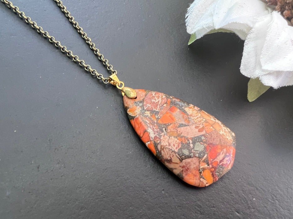 Sea sediment pendant, antique bronze chain, natural stone pendant