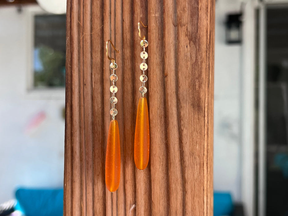 Long sea glass teardrop earrings, orange color earrings, statement earrings