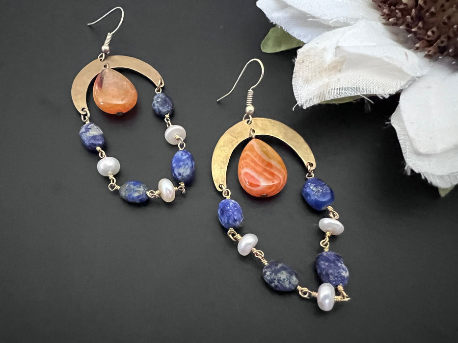 Statement earrings, Agate drop Earrings, Boho Dangle Earrings, Modern Jewelry , brass earrings, pearl and lapis lazuli chain