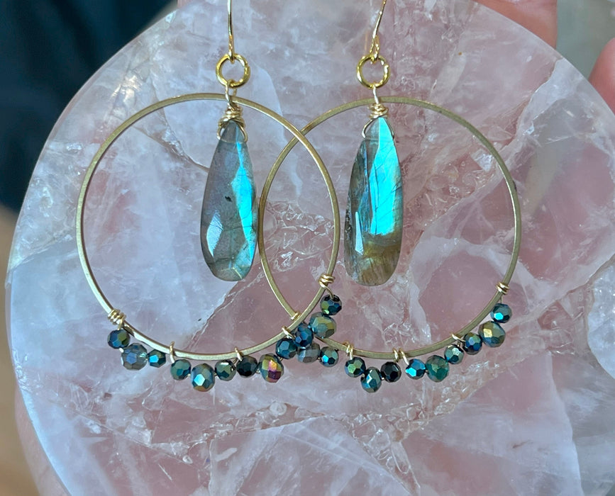 Statement earrings, Modern brass earrings, Labradorite drop earrings, beaded brass earrings