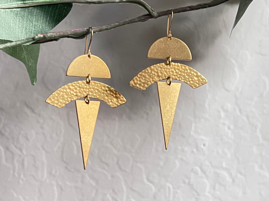 Statement earrings, brass geometric dangles Modern brass