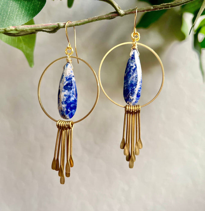 Statement earrings, Sodalite earrings, natural stone jewelry, brass earrings, fringe earrings, blue orange color stone
