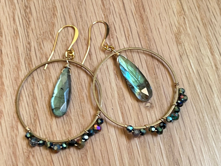 Statement earrings, Modern brass earrings, Labradorite drop earrings, beaded brass earrings