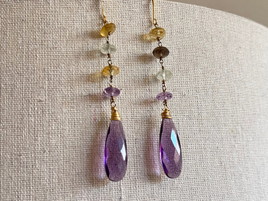 Statement earrings, long dangles, purple quartz earrings