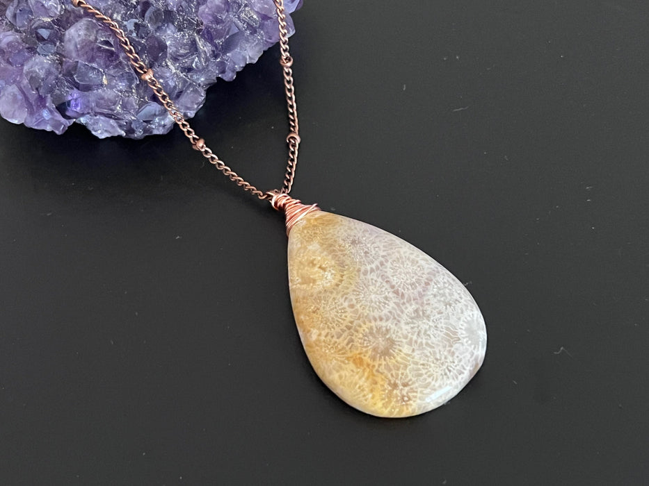 Fossil coral pendant, copper chain, natural stone pendant, gifts for her