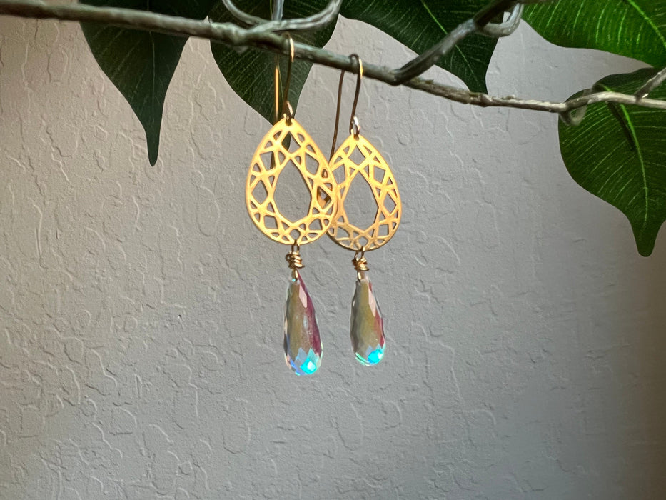 Statement earrings • angel Aura quartz earrings • gifts for women • brass earrings • gold dangle earrings