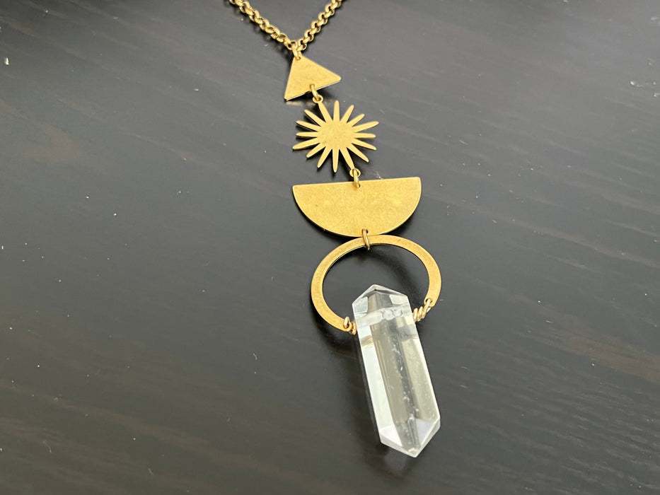 Protection pendant, Clear quartz pendant , layering necklace, double terminated AAA crystal, long necklace , geometric necklace