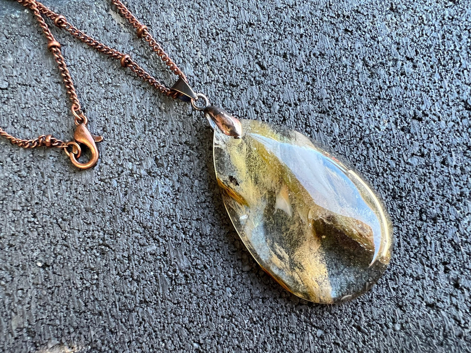 Rutilated quartz pendant , copper necklace, boho necklace, natural stone pendant, long necklace
