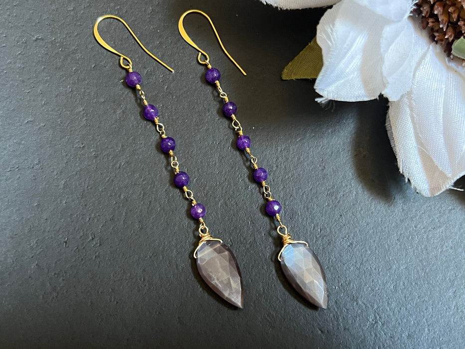 Beaded earrings, Statement long earrings, purple jade beads wrapped,Minimalist dangles, chocolate moonstone drop earrings