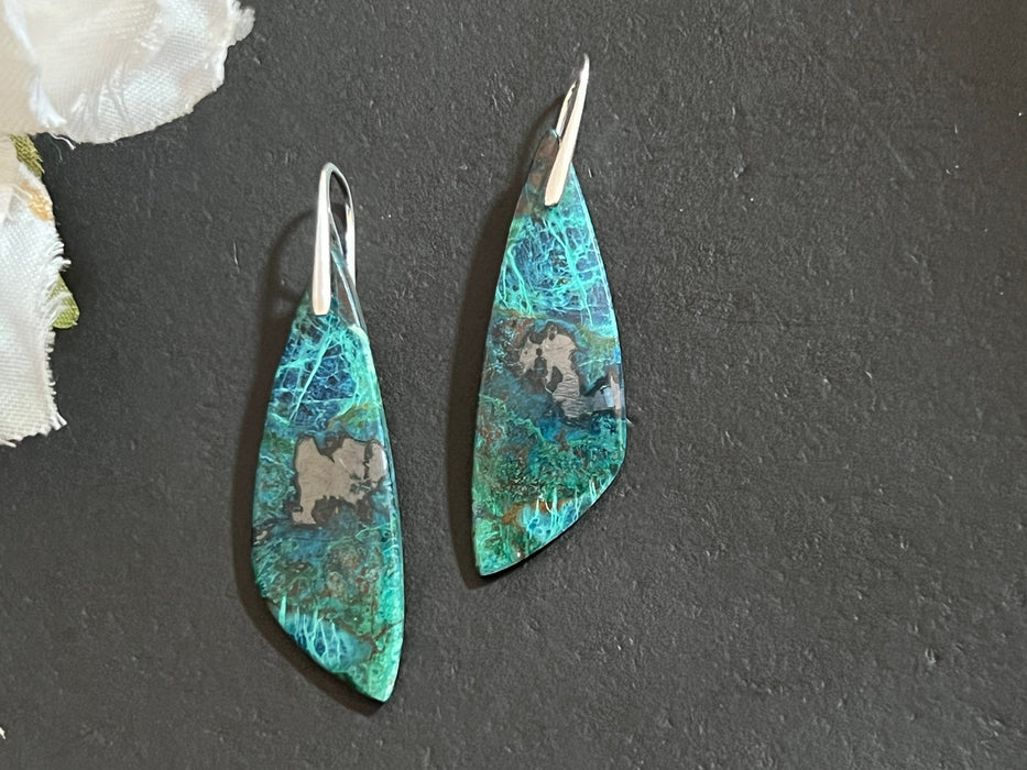 Chrysocolla earrings ,natural stone jewelry, unique one of a kind, blue color earrings,925 sterling silver ear wires