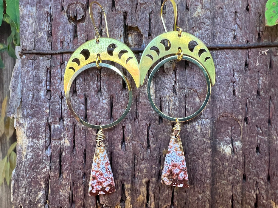 Ocean jasper earrings, geometric earrings, brass earrings, gold statement dangles, fashion accessories