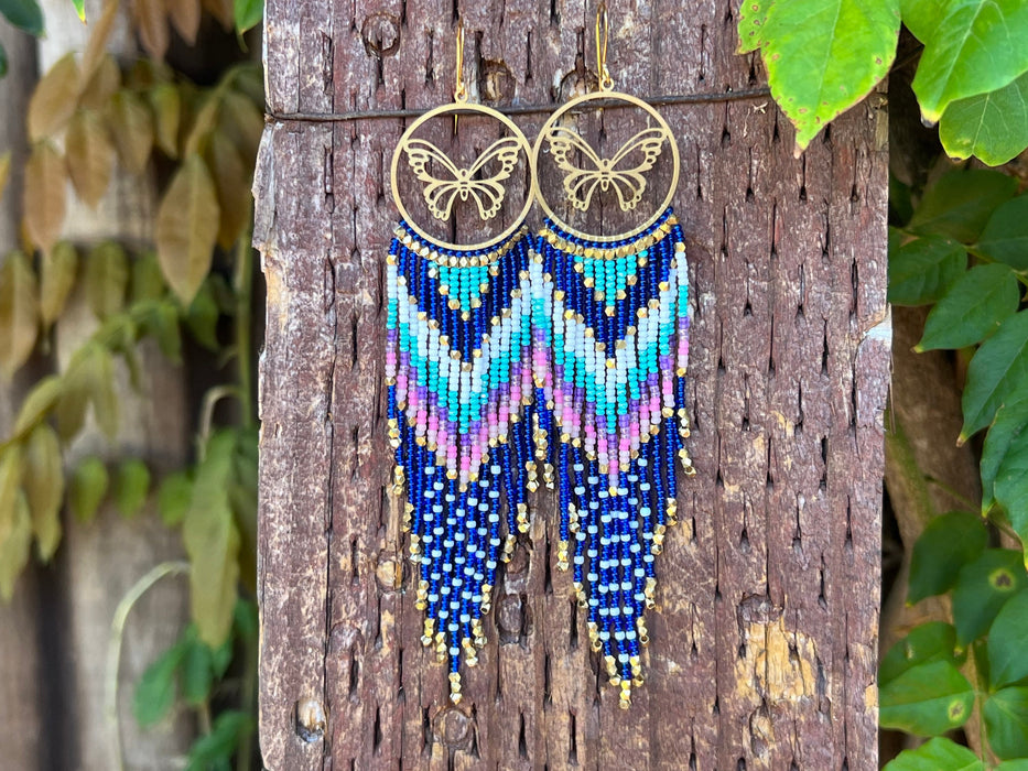 Bright blue fringe earrings, Statement earrings, long beaded earrings, boho earrings, seed bead earrings