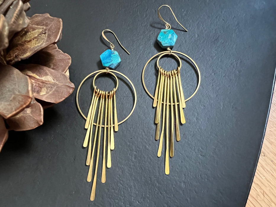 Fringe statement dangle earrings, gold boho drop earrings, long gold earrings, boho statement jewelry, Chrysocolla earrings