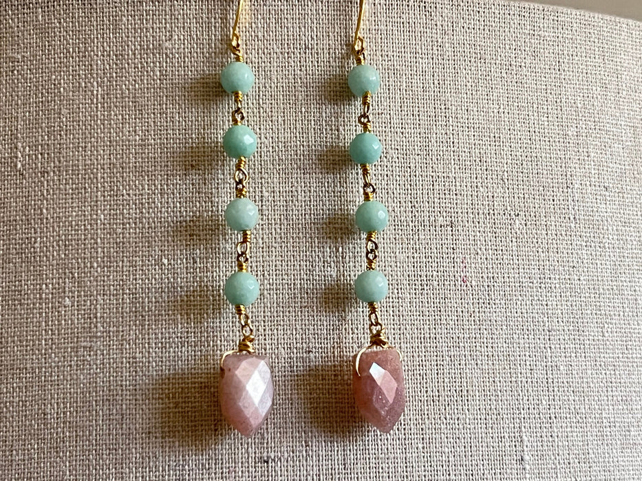Statement earrings, jade beads wrapped, long dangles, peach moonstone earrings