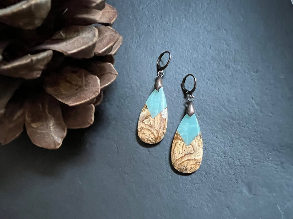 Intarsia earrings/ natural stone jewelry/ unique earrings / gifts for women/ Amazonite earrings/ Jasper earrings
