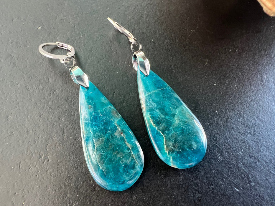 Apatite earrings, statement earrings , unique dangles, natural stone earrings, blue color
