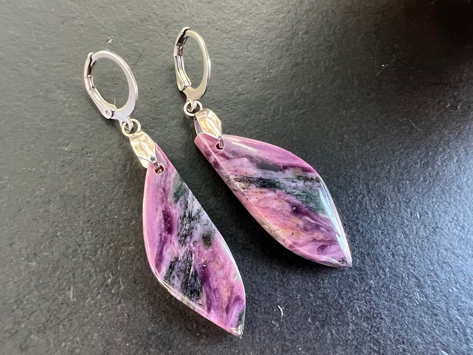 Natural Charoite earrings, 925 sterling silver ear wires, purple earrings, stone dangles, gemstone earrings