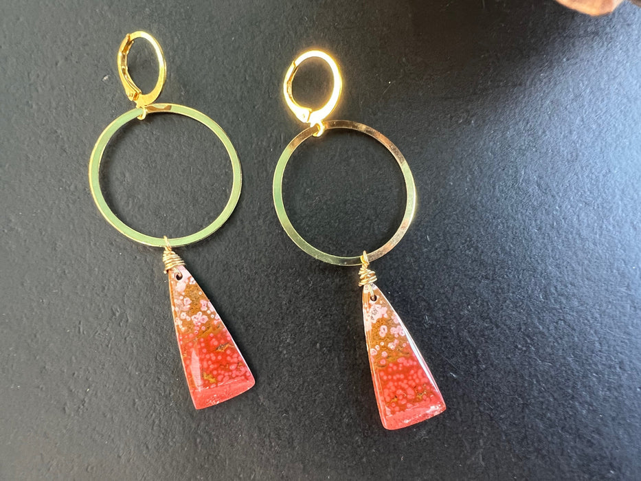 Ocean jasper earrings , simple drop earrings , gold statement dangles, fashion accessories